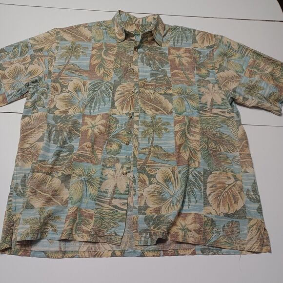 Bamboo Cay Button Up Men Lg Shirt Tan Palm Tree Short Sleeve Cotton Modal Blend - Picture 1 of 12